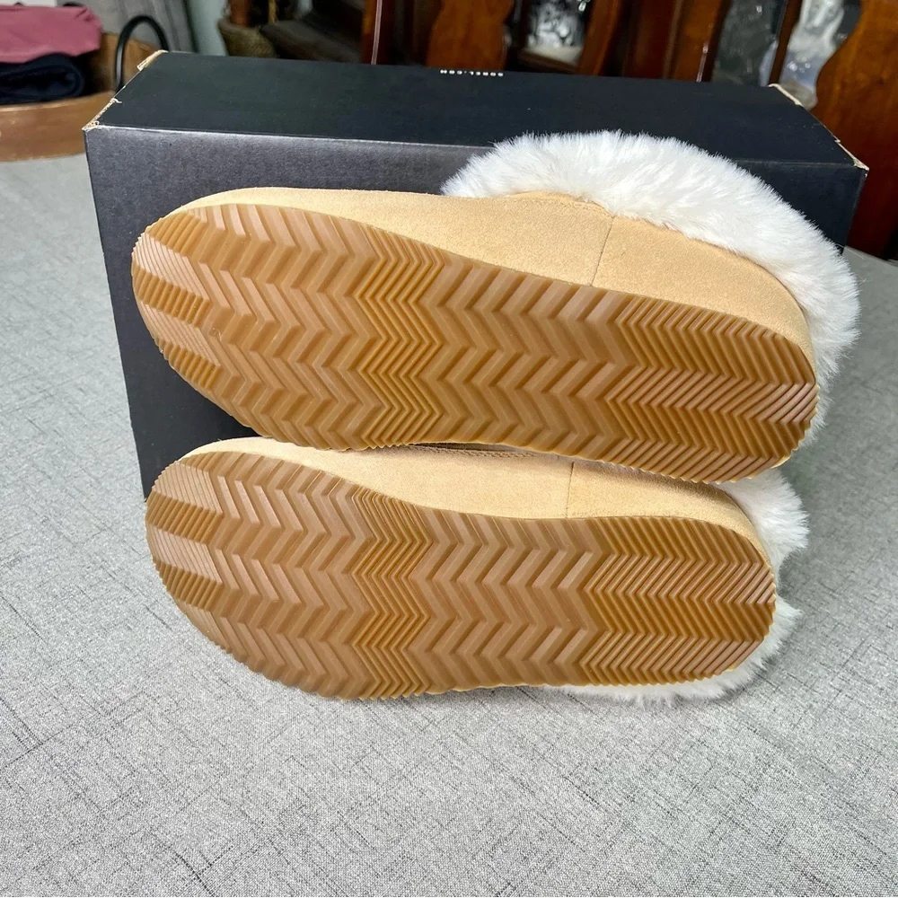 Sorel Women’s Go Coffee Run Slippers Tan Suede Leather Fur Slip On Shoes Nwt - Picture 13 of 16